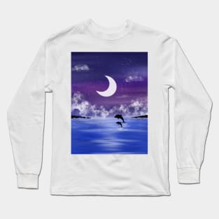 Night time seascape with jumping dolphins Long Sleeve T-Shirt